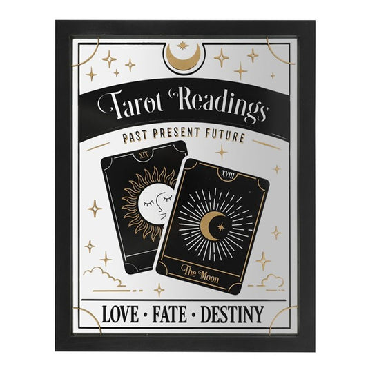 Tarot Readings Mirrored Wall Hanging  This mirrored wall hanging is sure to add mystery and whimsy to any trendy home. A mystical tarot card design is accented by gold foil, celestial details and tarot reading text. A truly magical piece to hang on a gallery wall. Free UK delivery by Fandomonium