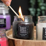 Opium 'Protection' Spell Candle Jar  This small, black jar candle comes in a lovely opium fragrance and is perfect for accompanying spells of protection and guidance. Whether used as alternative decor or as a sacred ritual tool, this candle will attract all things divine. Paraffin wax. Free UK delivery by Fandomonium