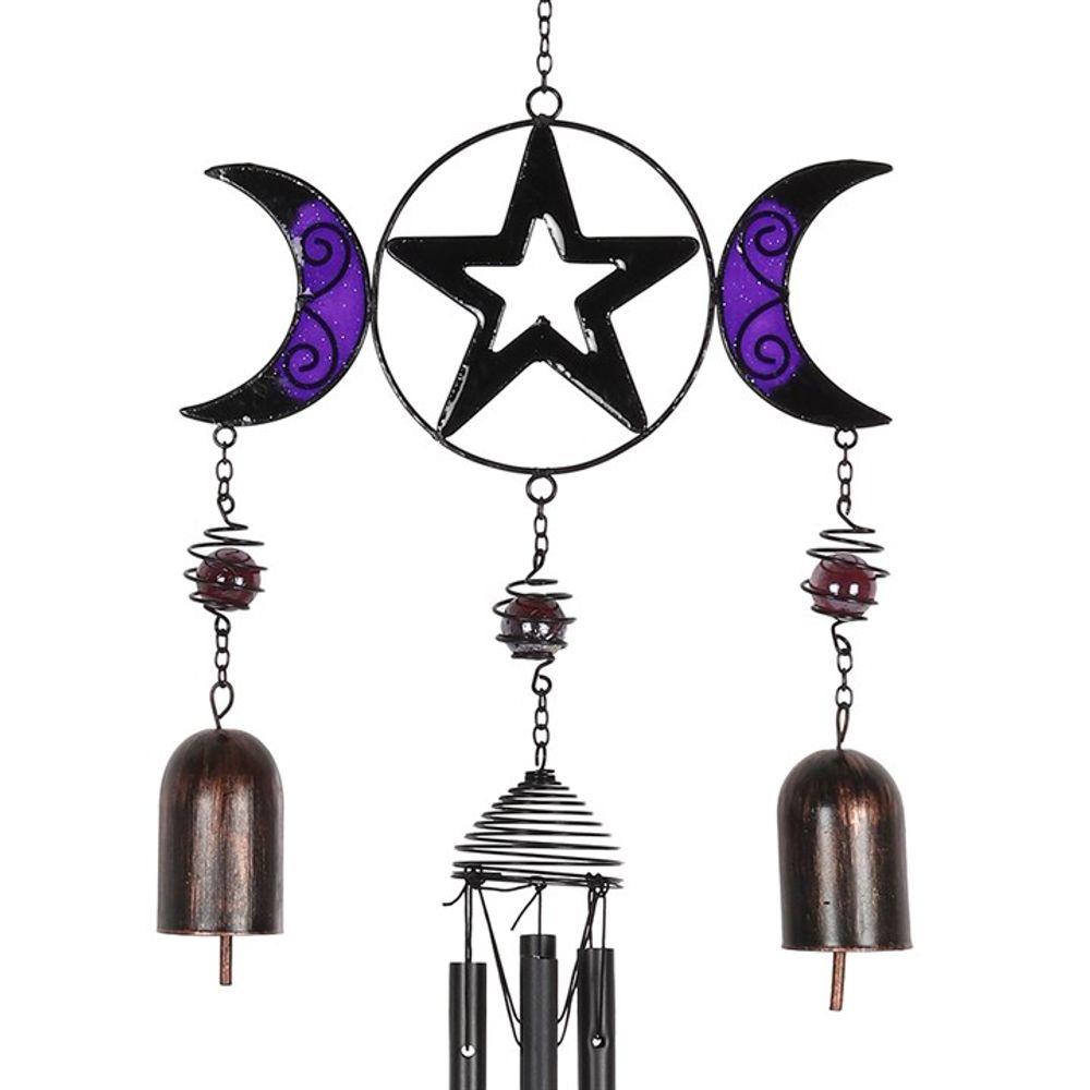 Triple Moon Windchime with Bells  This stunning glass, metal and resin windchime features a lovely triple moon design in black and purple. Hang in a sunny spot to catch the breeze and allow the sunlight to shine through. Free UK Delivery With Fandomonium