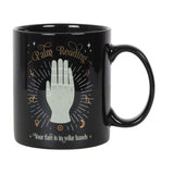 Palm Reading Mug  Stylish black mug with a stunning mystical fortune telling design, metallic gold details and the words 'Your fate is in your hands'. Free UK delivery by Fandomonium