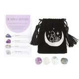 Stress Healing Crystal Set with Moon Trinket Dish  This stunning set of healing crystals comes with four crystal tumblestones to help reduce stress, ease anxiety and promote restful sleep. Includes a crescent moon trinket dish, matching information card and a printed drawstring, making this a meaningful gift for those in need of some extra care. Stones include; sodalite, amethyst, howlite and clear quartz. Free UK delivery by Fandomonium