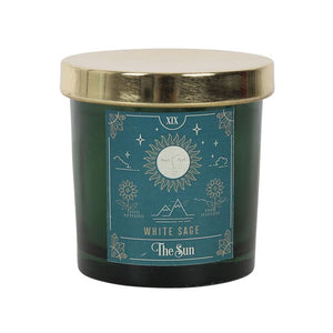 The Sun White Sage Tarot Candle  Presented in a green glass jar with a metallic gold lid, this white sage scented candle looks just as amazing as it smells. The candle has a tarot design of 'The Sun' card giving it a mystical style. Comes in its own decorative box making and ideal gift idea. Free UK delivery by Fandomonium