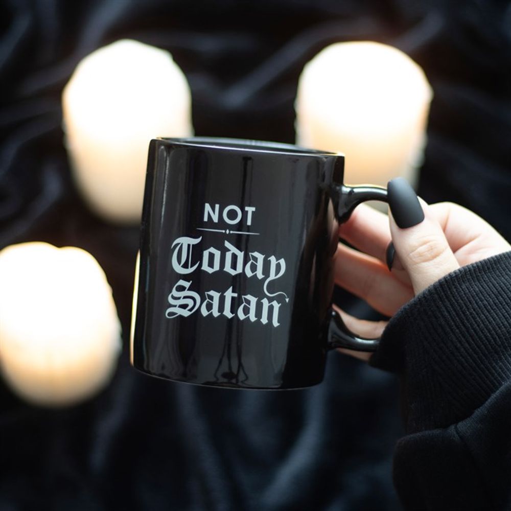 Not Today Satan Mug  Keep your demons at bay with this funny ceramic mug. Features 'Not Today Satan' text written in gothic lettering for warding off unwanted hooved guests. Free UK delivery by Fandomonium