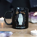 Palm Reading Mug  Stylish black mug with a stunning mystical fortune telling design, metallic gold details and the words 'Your fate is in your hands'. Free UK delivery by Fandomonium