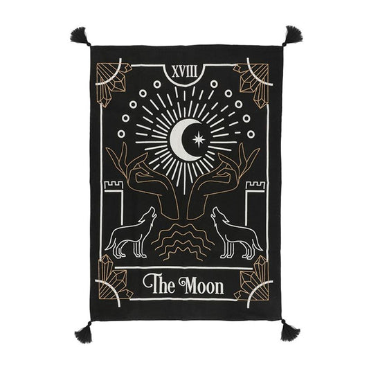 Small Moon Tarot Card Wall Tapestry  Create a statement with this tarot inspired tapestry depicting a design reflecting 'The Moon' card. Metallic gold and white ensure the design stands out and tassel corner details give this piece a premium feel. Free UK delivery with Fandomonium