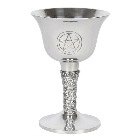 Silver Metal Pentagram Chalice  This silver metal chalice features a hand carved pentagram design and twisted vine accent along the stem. Symbolic of the goddess' womb, this shining goblet is perfect for holding wine during sacred rituals....or on Thursdays... Free UK delivery by Fandomonium