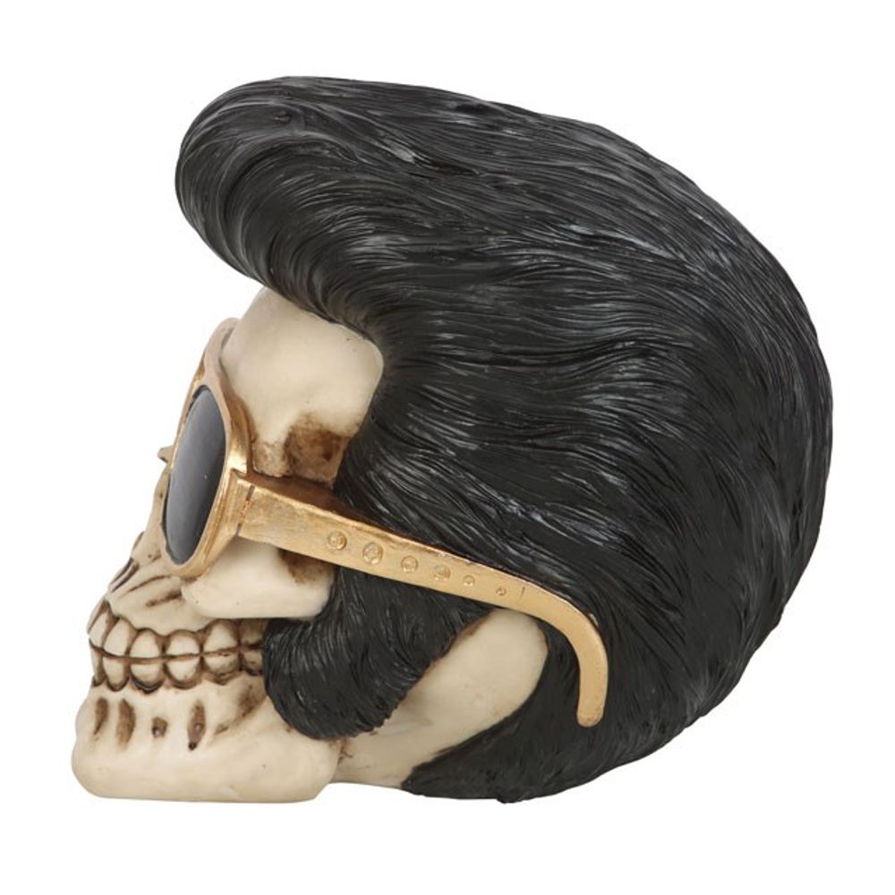 This realistic resin skull ornament wears a pompadour hairstyle and flashy gold sunglasses reminiscent of the King of Rock and Roll. Highly detailed with hand painted details, this eye-catching figurine will be a welcome addition to any skull or Elvis collection. Free UK Delivery by Fandomonium