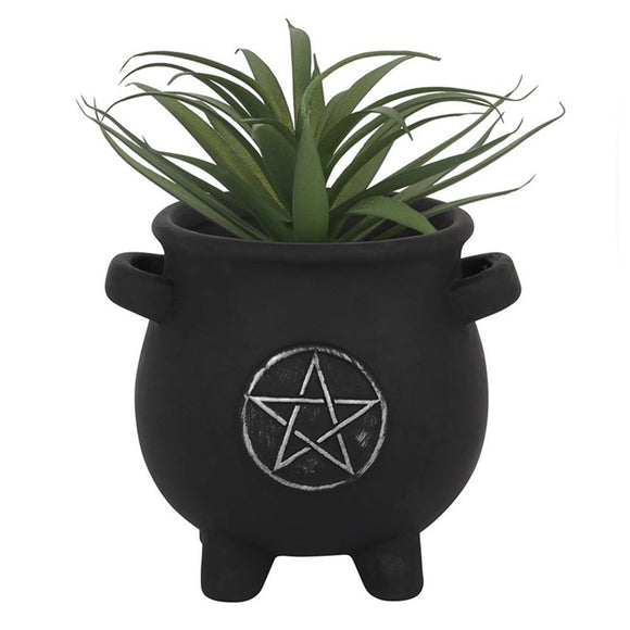 Pentagram Cauldron Plant Pot  This black terracotta cauldron pot with silver pentagram design makes a unique and witch-approved way to grow plants and flowers in the home. This adoable plant pot is the perfect size for sunny windowsills and ledges. Can also be used to store pens and pencils on a gothic desk space. Free UK delivery by Fandomonium