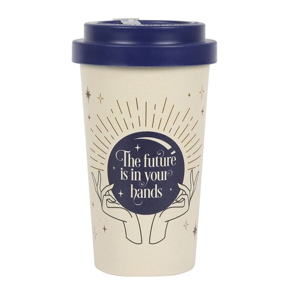 Fortune Teller Bamboo Eco Travel Mug  This eco-friendly, reusable travel mug is made out of durable bamboo fibre and comes with a matching silicone sleeve and lid for keeping hydrated (and caffeinated) on the go. This style features a mystical fortune teller design with 'The Future is in Your Hands' text. Free UK Delivery by Fandomonium