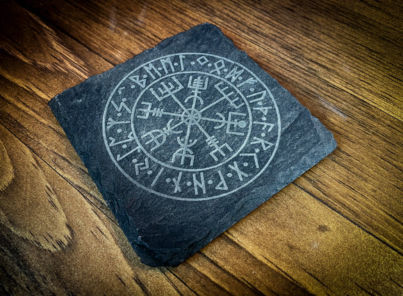 Solid slate engraved coaster. Engraved with the vegvisir; the Viking compass. This coaster is perfect for fans of Norse Mythology and Viking culture.