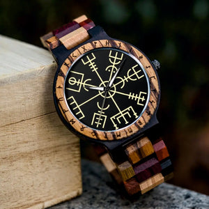 Norse Viking Style Wooden Watch | Personalised Viking Watch | Vegvisir Viking Compass Watch