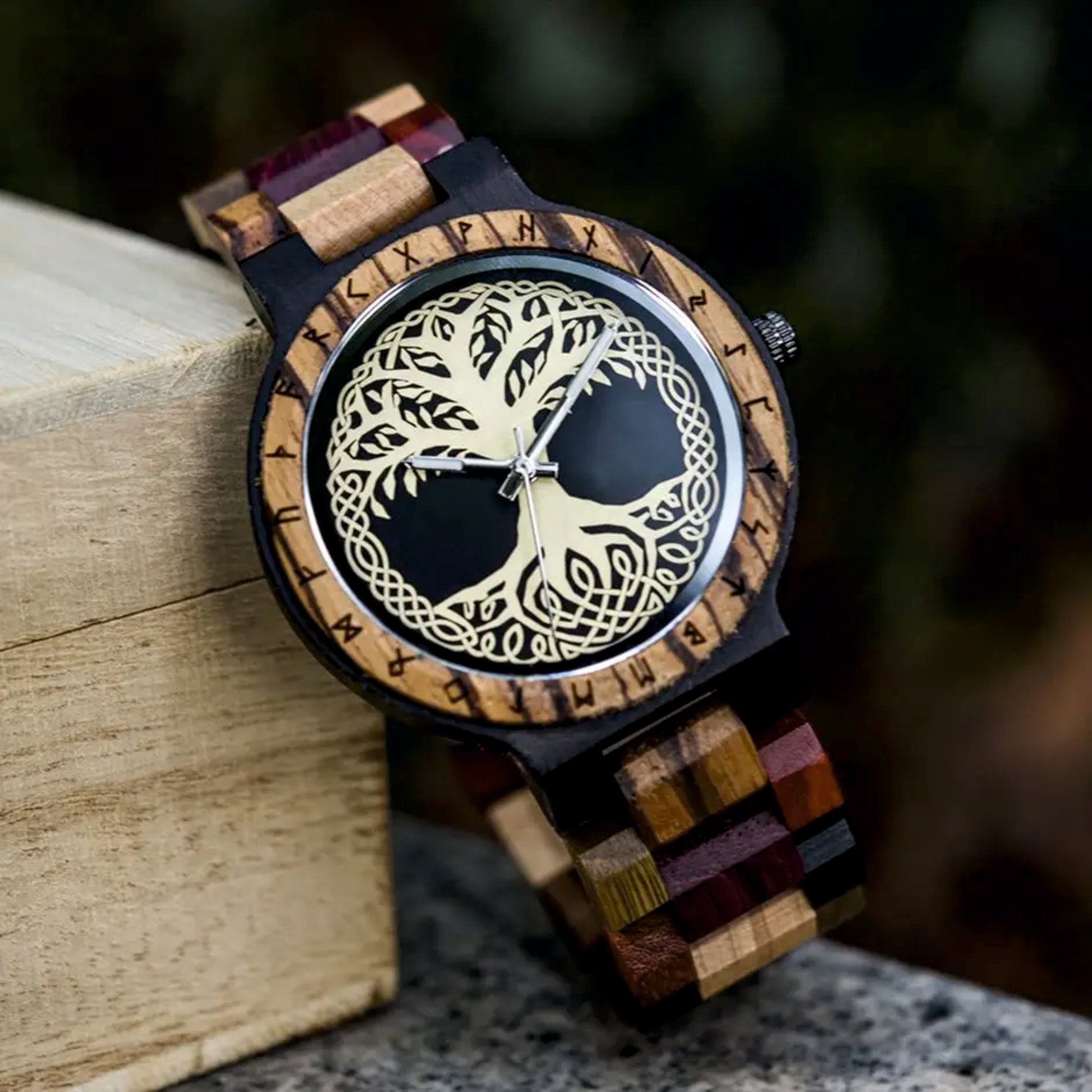 Wooden Norse Viking Design Watch. A unique style of watch with the strap, front and back of the watch all made from highly polished wood. Each time piece comes in a wooden display box and makes a perfect gift for fans of Norse Mythology and Viking Style.