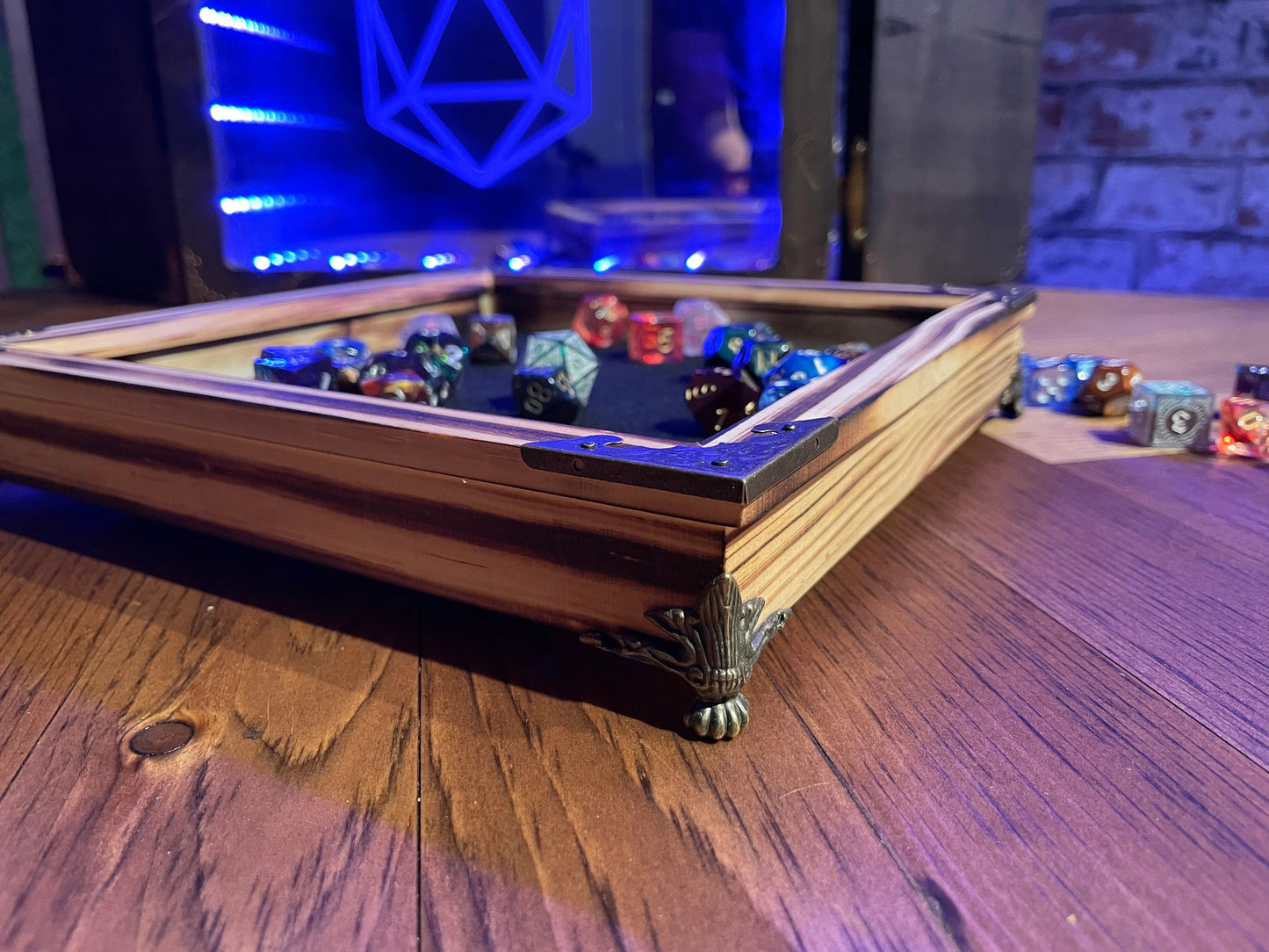 The Dragons Breath Dice Rolling Tray.  Our solid wood roll trays are hand charred and available in a choice of 9 colours and 3 sizes We first charr each tray with a blowtorch before staining in your choice of color, waxing and buffing it to give a long lasting shine and protection.