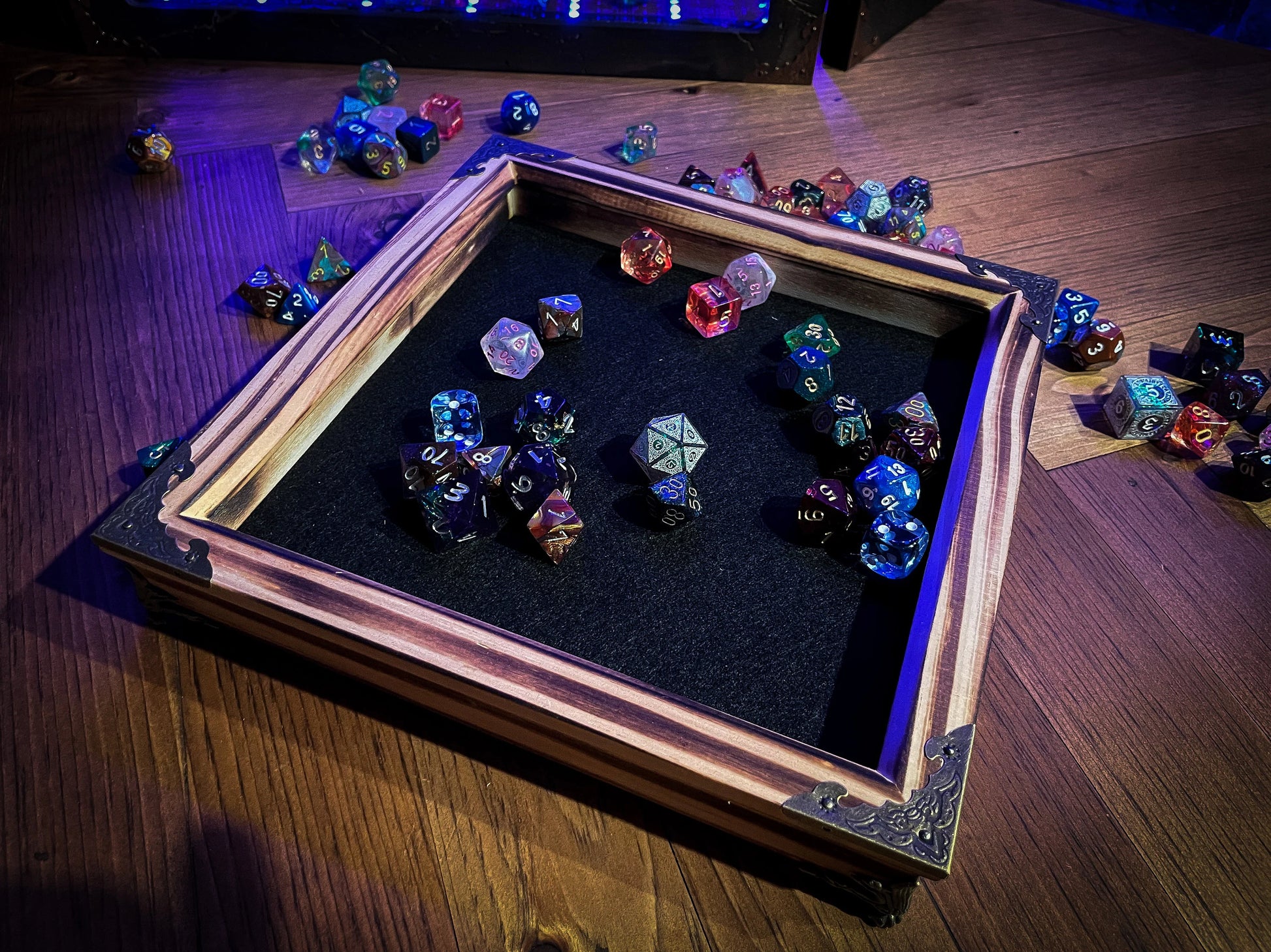 The Dragons Breath Dice Rolling Tray.  Our solid wood roll trays are hand charred and available in a choice of 9 colours and 3 sizes We first charr each tray with a blowtorch before staining in your choice of color, waxing and buffing it to give a long lasting shine and protection.