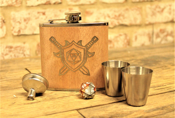 D20 Shield Design Engraved Hip Flask Flask - Choice of Colours
