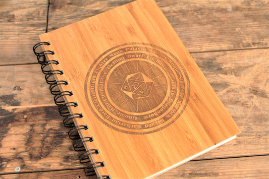 D20 Character Wheel Engraved Bamboo Notebook - By Fandomonium