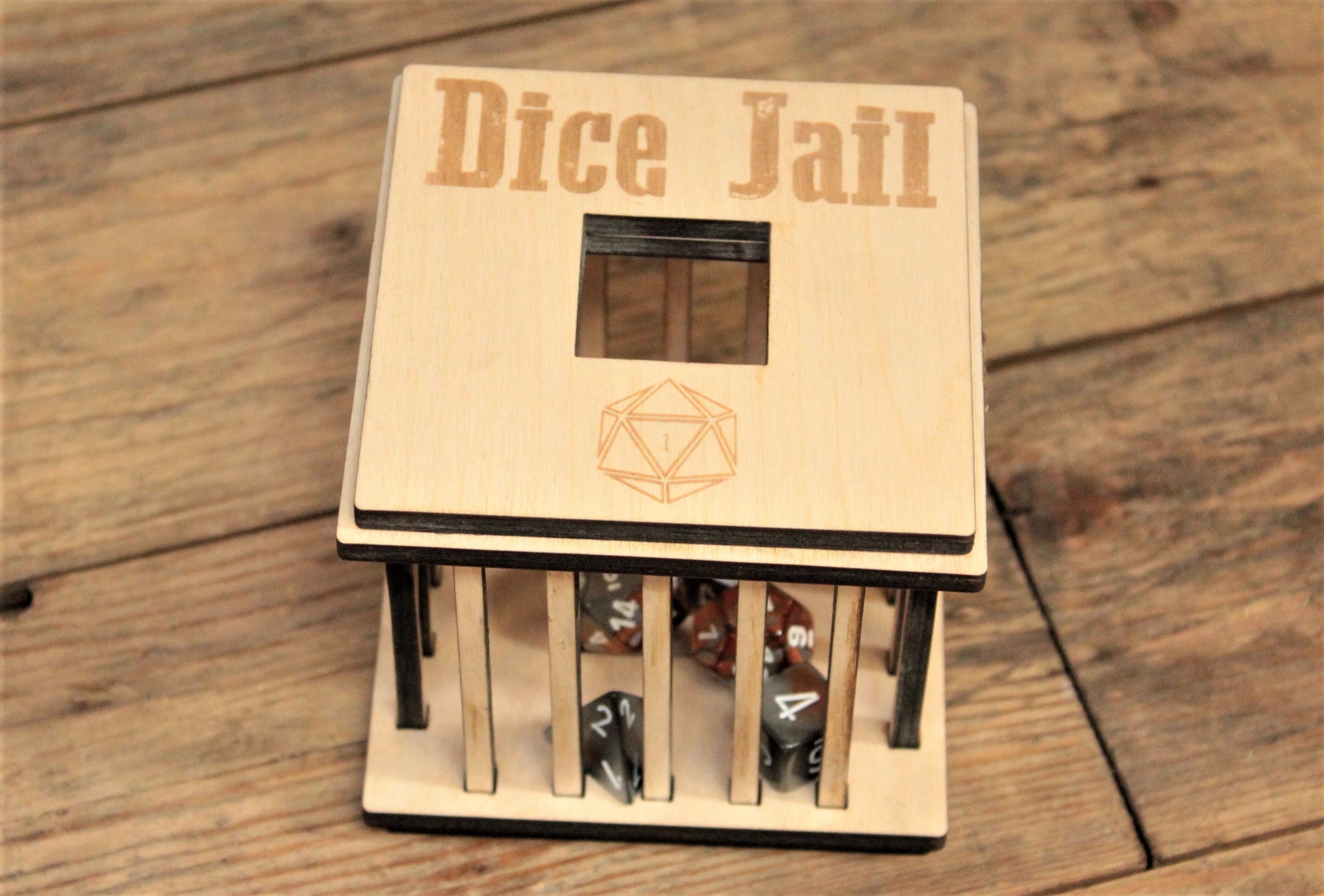 Wooden dice Jail. Handmade by Fandomonium. Perfect dungeons and dragons rpg and tabletop games gift. Free UK Delivery