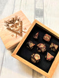 Iron Oxide Effect Polyhedral Dice Set In Polished Oak Gift Box