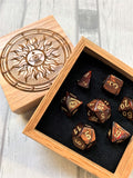 Iron Oxide Effect Polyhedral Dice Set In Polished Oak Gift Box