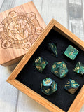 Jade Green Polyhedral Dice Set In Polished Oak Gift Box
