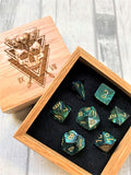 Jade Green Polyhedral Dice Set In Polished Oak Gift Box
