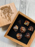 Ancient Gold Effect Polyhedral Dice Set In Polished Oak Gift Box