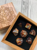 Ancient Gold Effect Polyhedral Dice Set In Polished Oak Gift Box