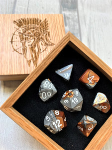 Copper and Steel Effect Polyhedral Dice Set In Polished Oak Gift Box