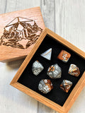 Copper and Steel Effect Polyhedral Dice Set In Polished Oak Gift Box