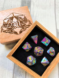 Paint Spill Effect Polyhedral Dice Set In Polished Oak Gift Box