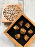 Gold Glitter Polyhedral Dice Set In Polished Oak Gift Box
