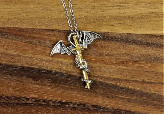 Dragon With Gold Sword Pendant Necklace