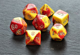 Red and Yellow Swirl Polyhedral Dice Set In Polished Oak Gift Box