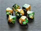 Green and Gold Swirl Polyhedral Dice Set In Polished Oak Gift Box