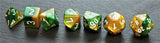 Green and Gold Swirl Polyhedral Dice Set In Polished Oak Gift Box