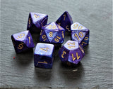 Blue and Purple Swirl Polyhedral Dice Set In Polished Oak Gift Box