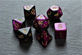Purple Swirl Polyhedral Dice Set In Polished Oak Gift Box