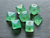 Aurora Green Polyhedral Dice Set In Polished Oak Gift Box