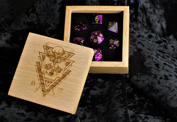 Purple Swirl Polyhedral Dice Set In Polished Oak Gift Box