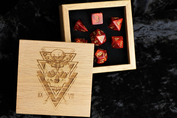 Red Marble Polyhedral Dice Set In Polished Oak Gift Box