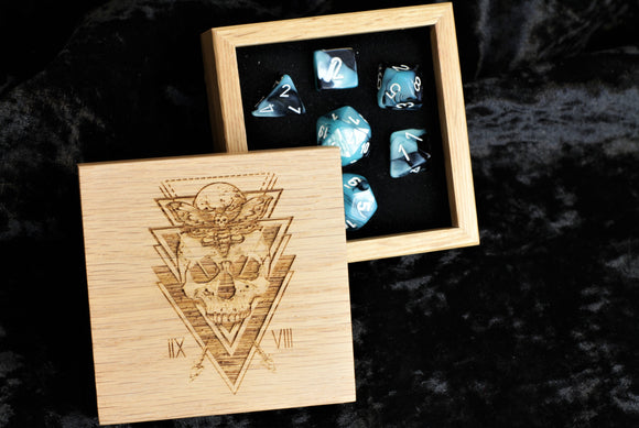 Blue and Black Swirl Polyhedral Dice Set In Polished Oak Gift Box