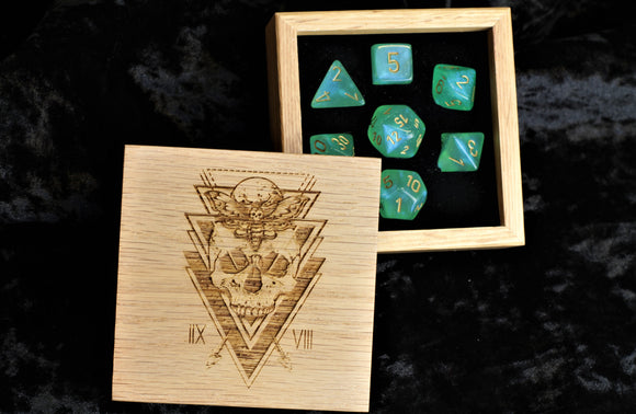 Aurora Green Polyhedral Dice Set In Polished Oak Gift Box