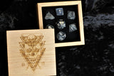 Black Smoke Swirl Polyhedral Dice Set In Polished Oak Gift Box