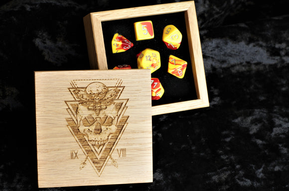 Red and Yellow Swirl Polyhedral Dice Set In Polished Oak Gift Box