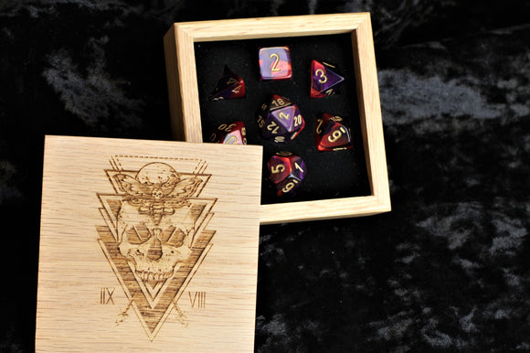 Red and Purple Swirl Polyhedral Dice Set In Polished Oak Gift Box