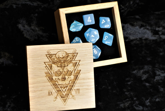 Ice Chip Blue Polyhedral Dice Set In Polished Oak Gift Box
