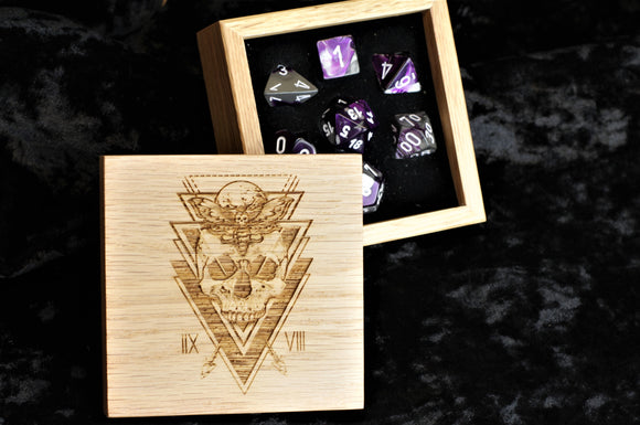 Purple and Steel Swirl Polyhedral Dice Set In Polished Oak Gift Box