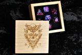 Blue and Purple Swirl Polyhedral Dice Set In Polished Oak Gift Box