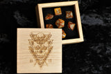 Gold Glitter Polyhedral Dice Set In Polished Oak Gift Box