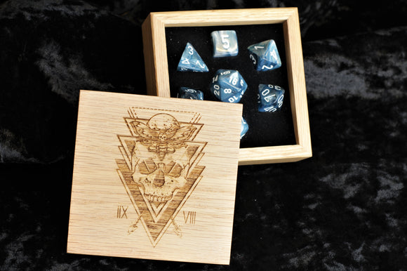 Slate and Blue Swirl Polyhedral Dice Set In Polished Oak Gift Box